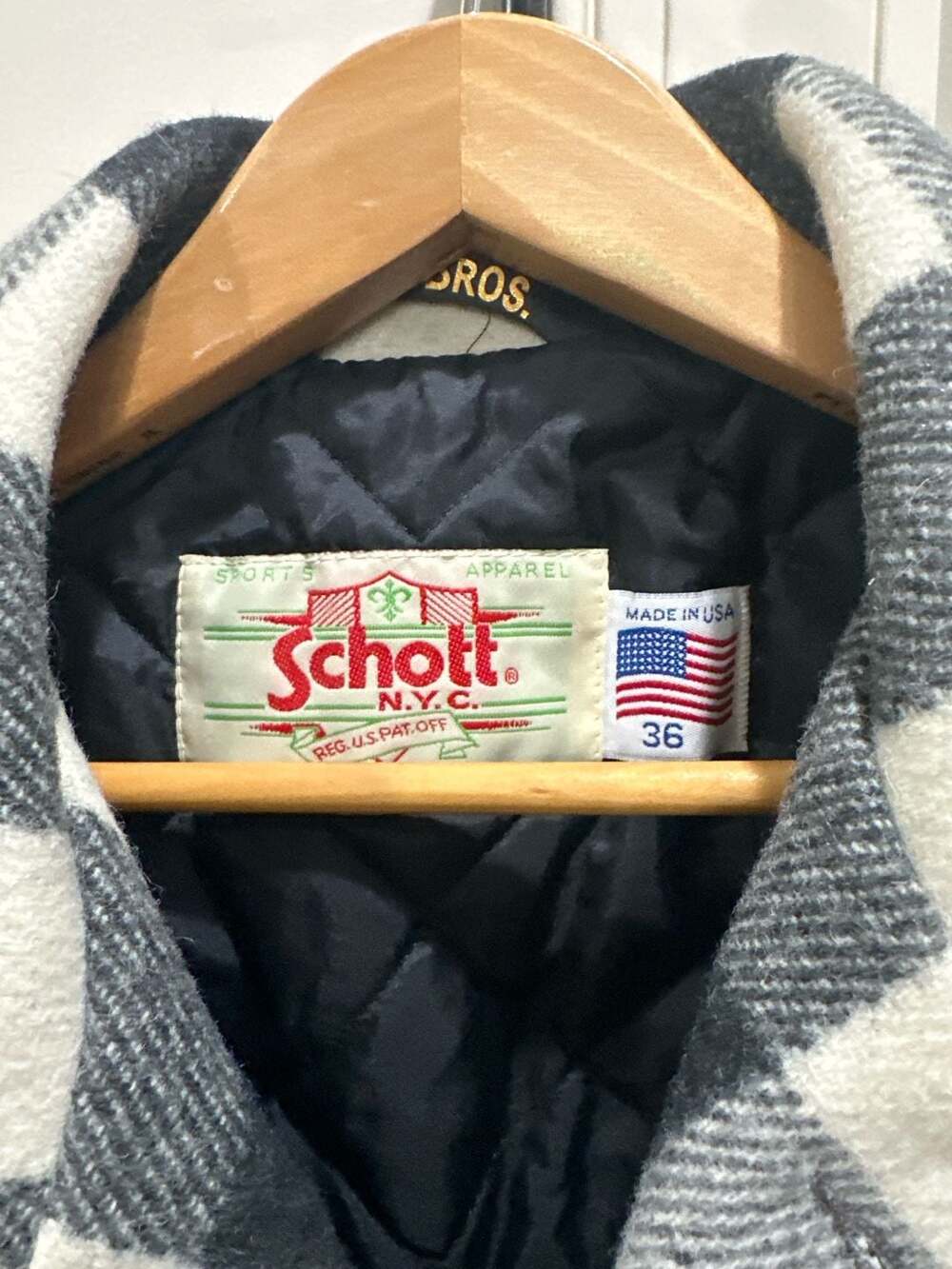 Vtg Schott NYC 737US White/Black Buffalo Plaid Wool Car Coat with Patch - Picture 2 of 6